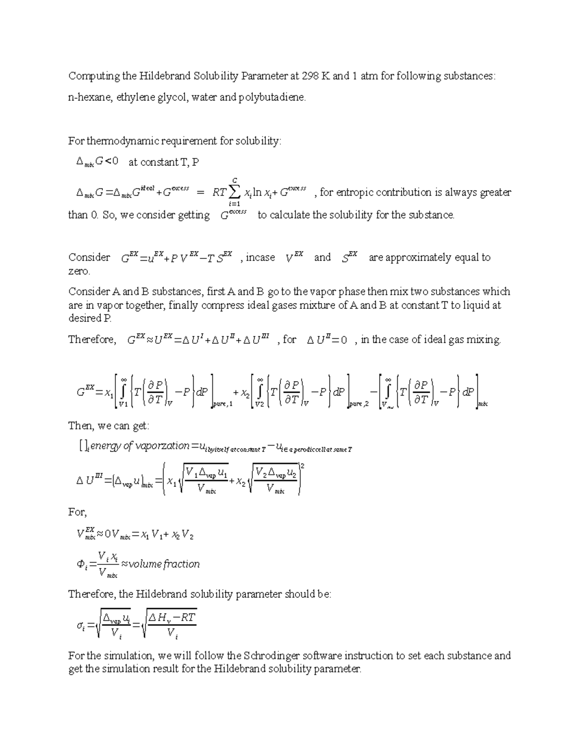 CHEM 7330 HW 7 - Computing the Hildebrand Solubility Parameter at 298 K ...