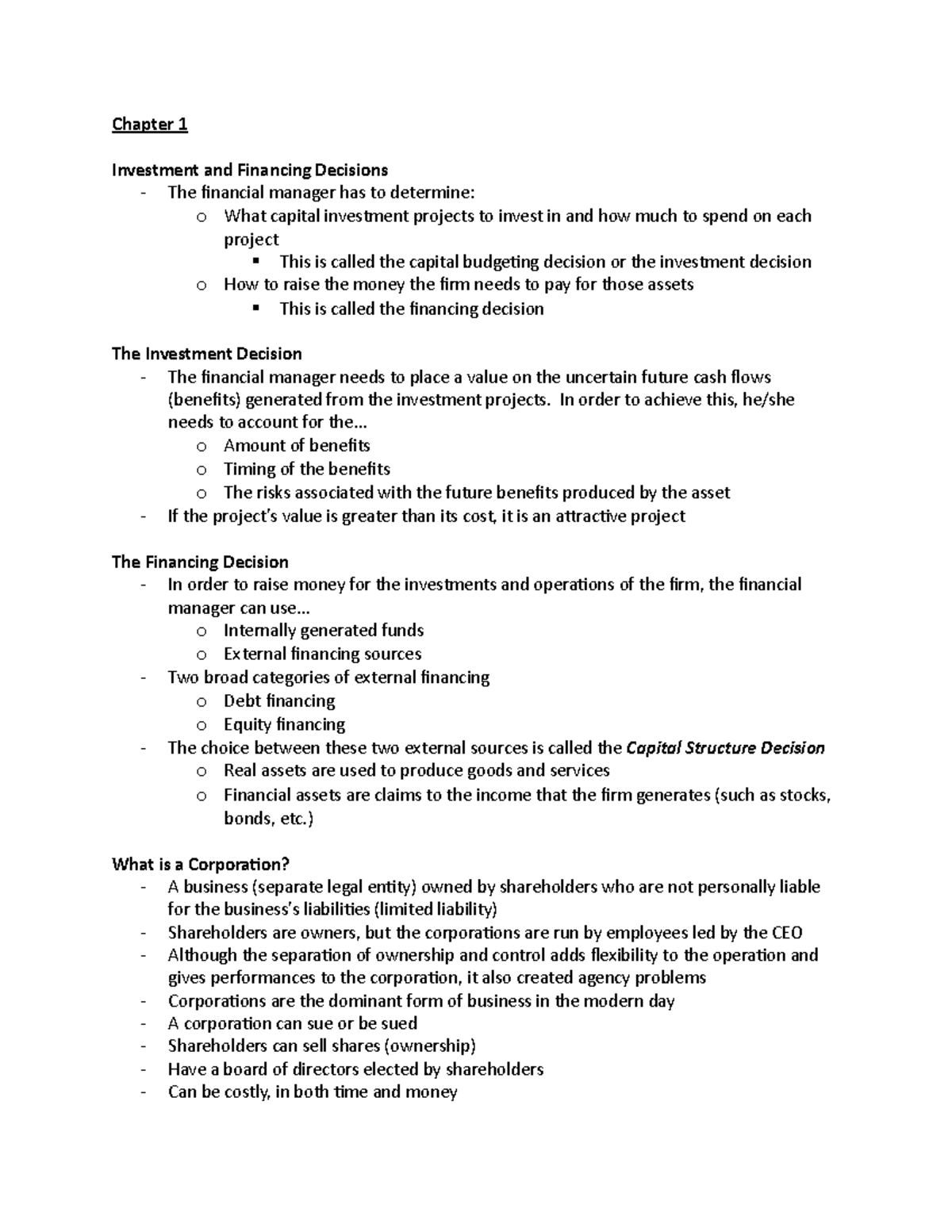 Chapter 1 - FIN Notes - Chapter 1 Investment And Financing Decisions ...