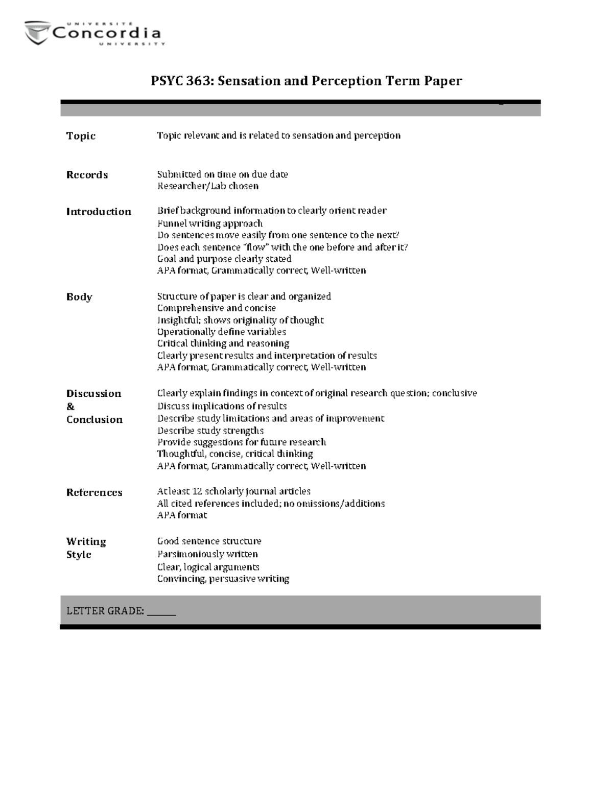 PSYC 363 2022 Term Paper Rubric - PSYC 363: Sensation and Perception ...