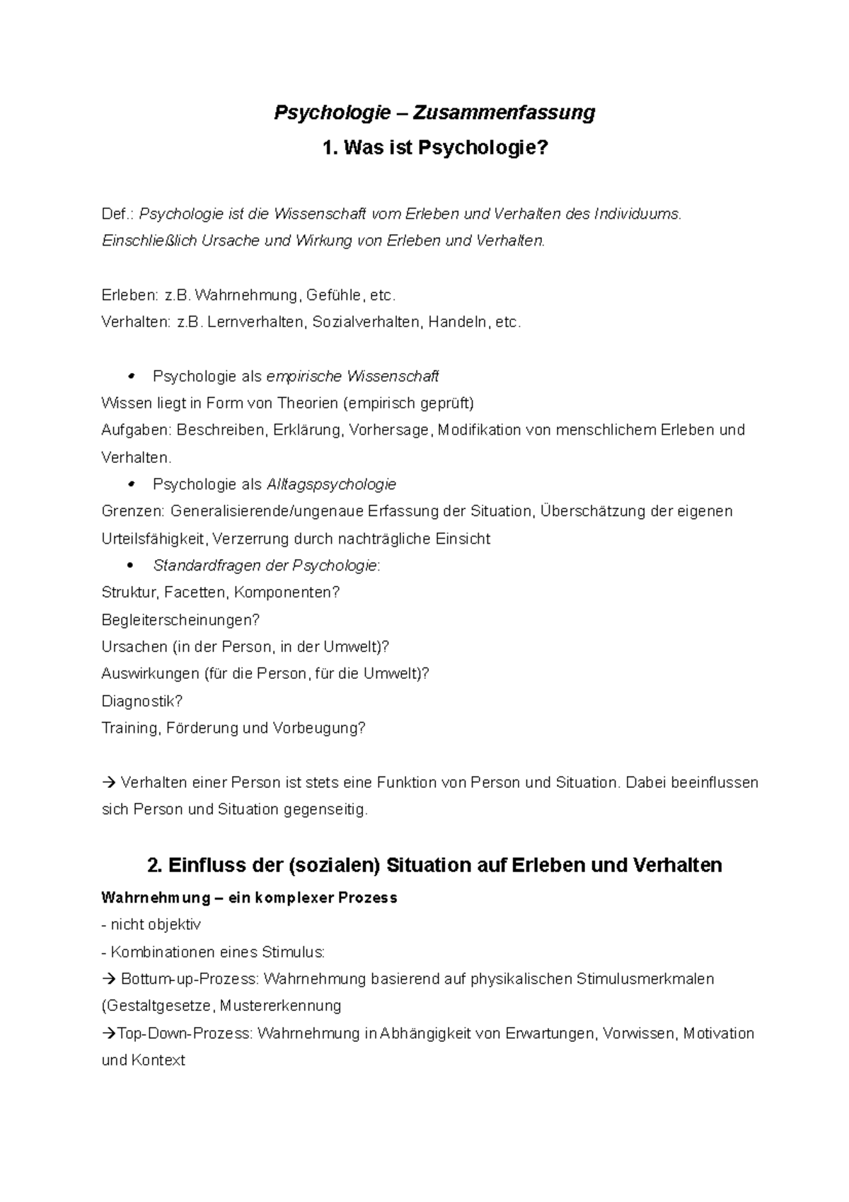 Einführung In Die Psychologie Einführung in die Psychologie Zusammenfassung - Psychologie