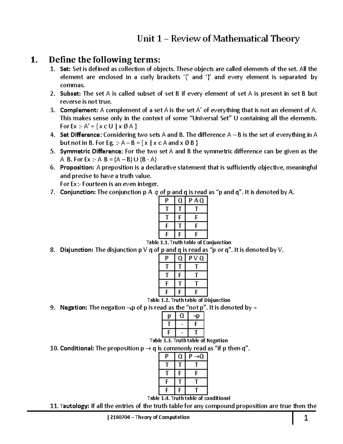 2160704 Theory Of Computation-Notes PDF-Units-1 - 1. Define The ...