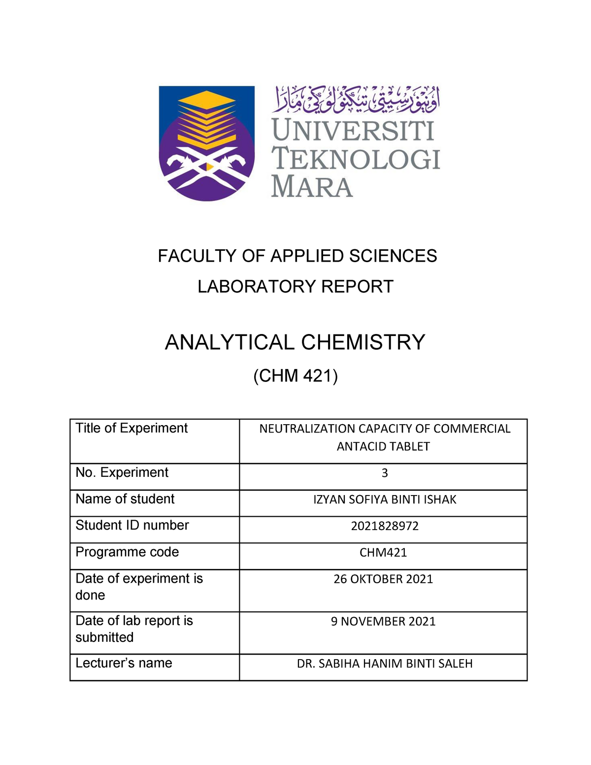 lab report experiment 5 chm421