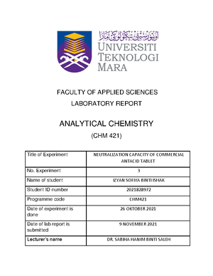 CHM421 Experiment 2 Lab Report - COURSE CODE CHM421 – ANALYTICAL ...