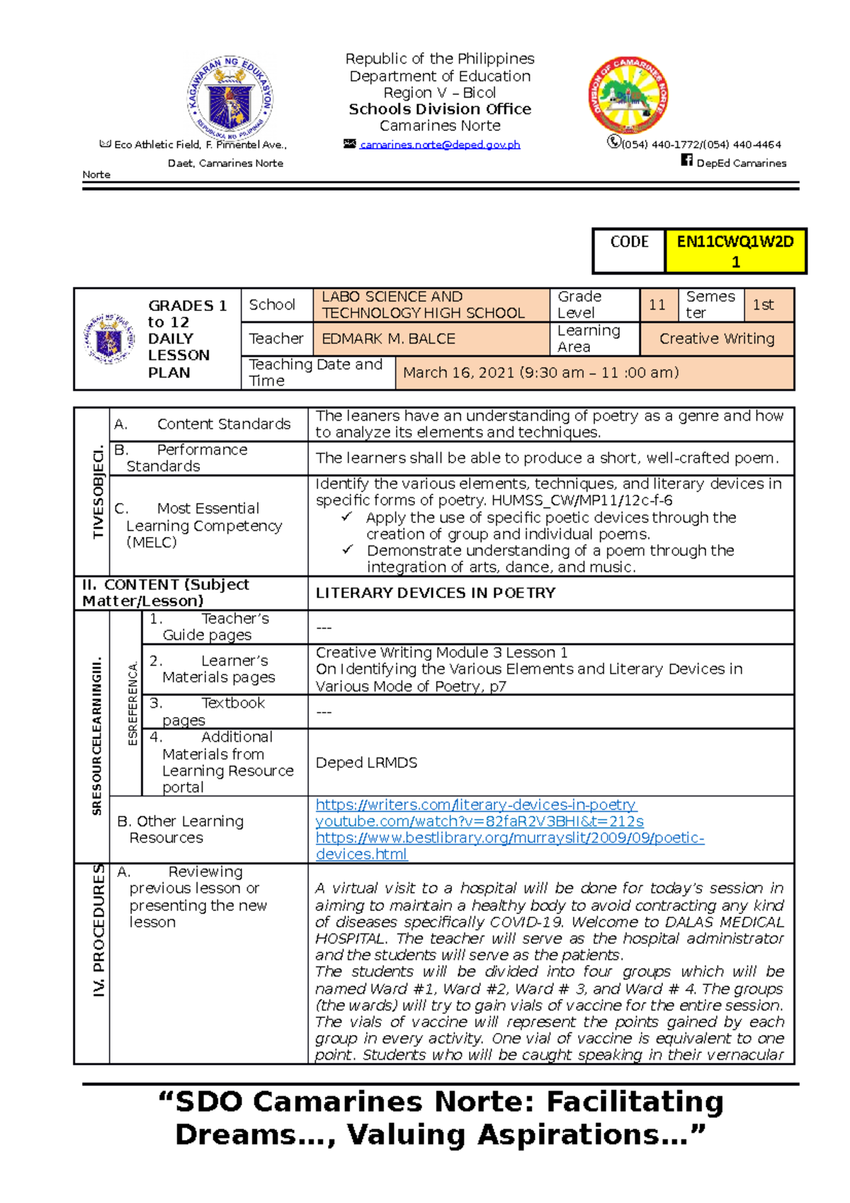 DLP - COT Creative Writing - Department of Education Region V – Bicol ...