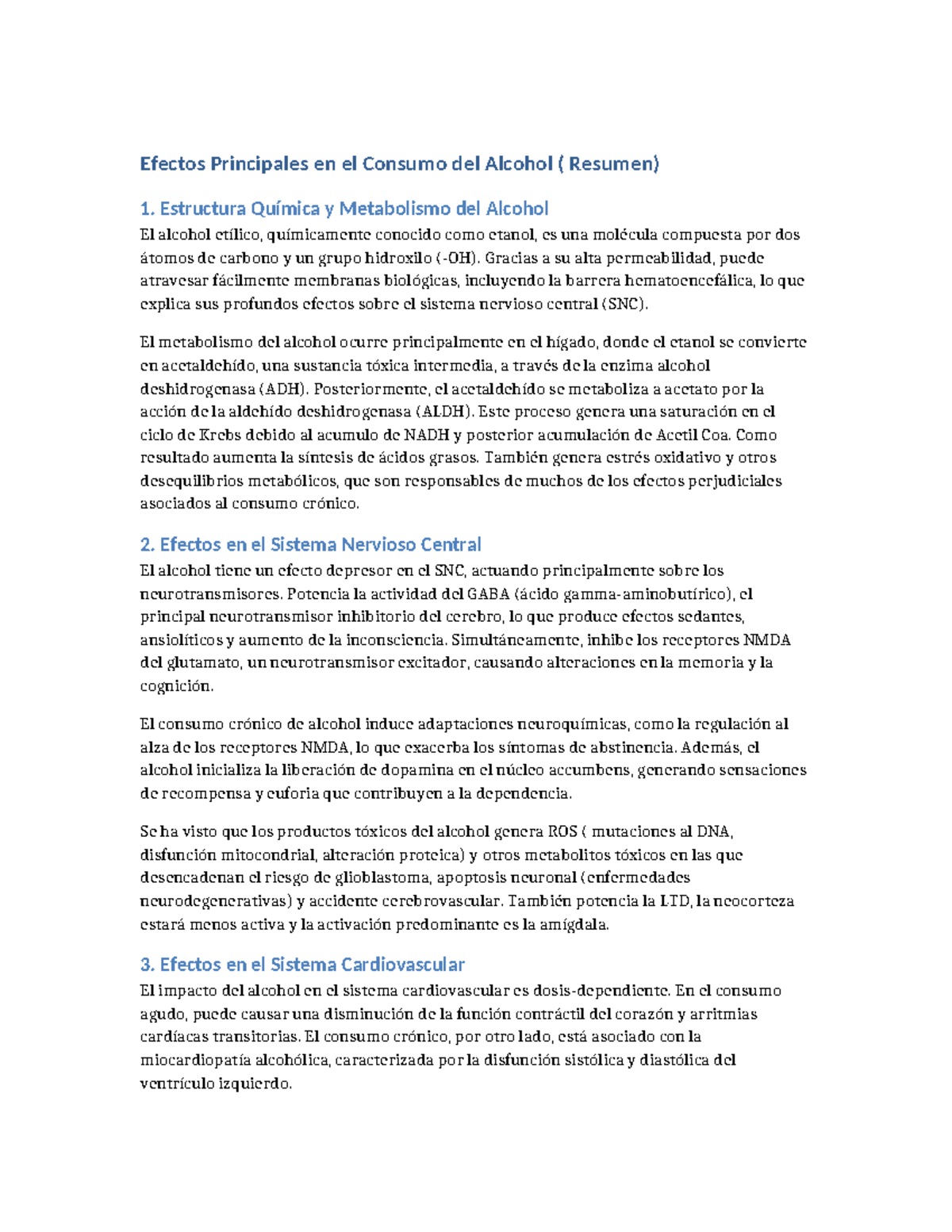 Resumen Impacto Alcohol Efectos Principales En El Consumo Del Alcohol Resumen Estructura