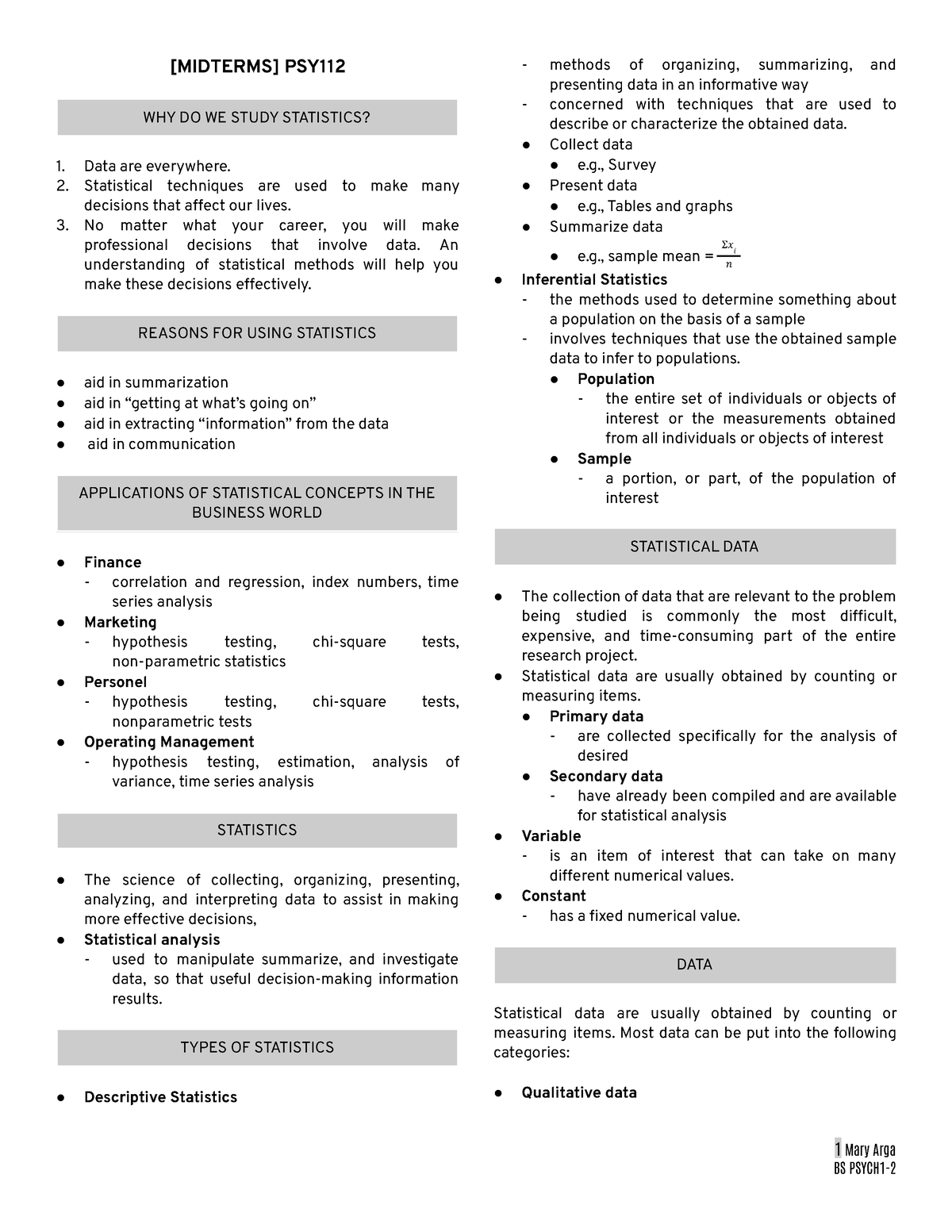 Lecture Notes On Psychological Statistics (1st Year) - [MIDTERMS] PSY ...