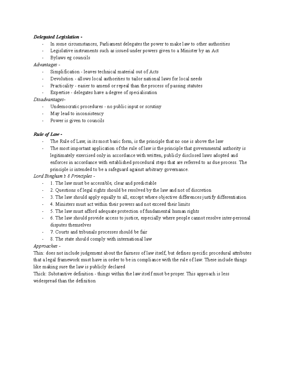 Tutorial Week 8 Notes - Delegated Legislation - In some circumstances ...