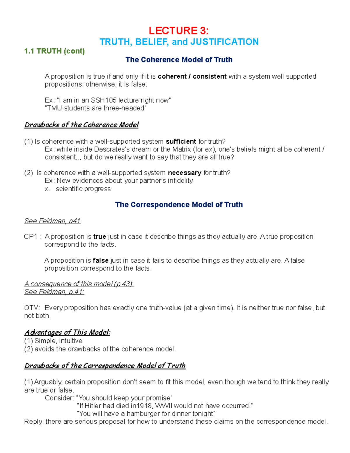 SSH 105 - Week 3 Lecture 3 Study NOTES - LECTURE 3: TRUTH, BELIEF, and ...