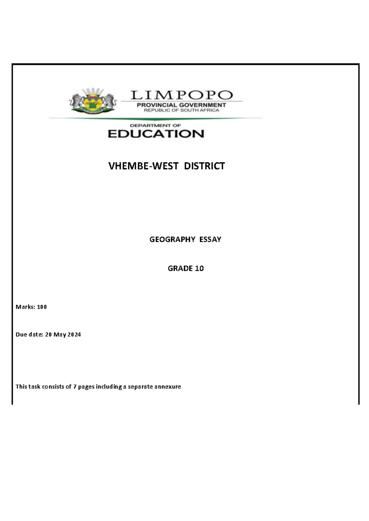 Argumentative Essay Grade 10 2024 - Vhembe-west District Geography 