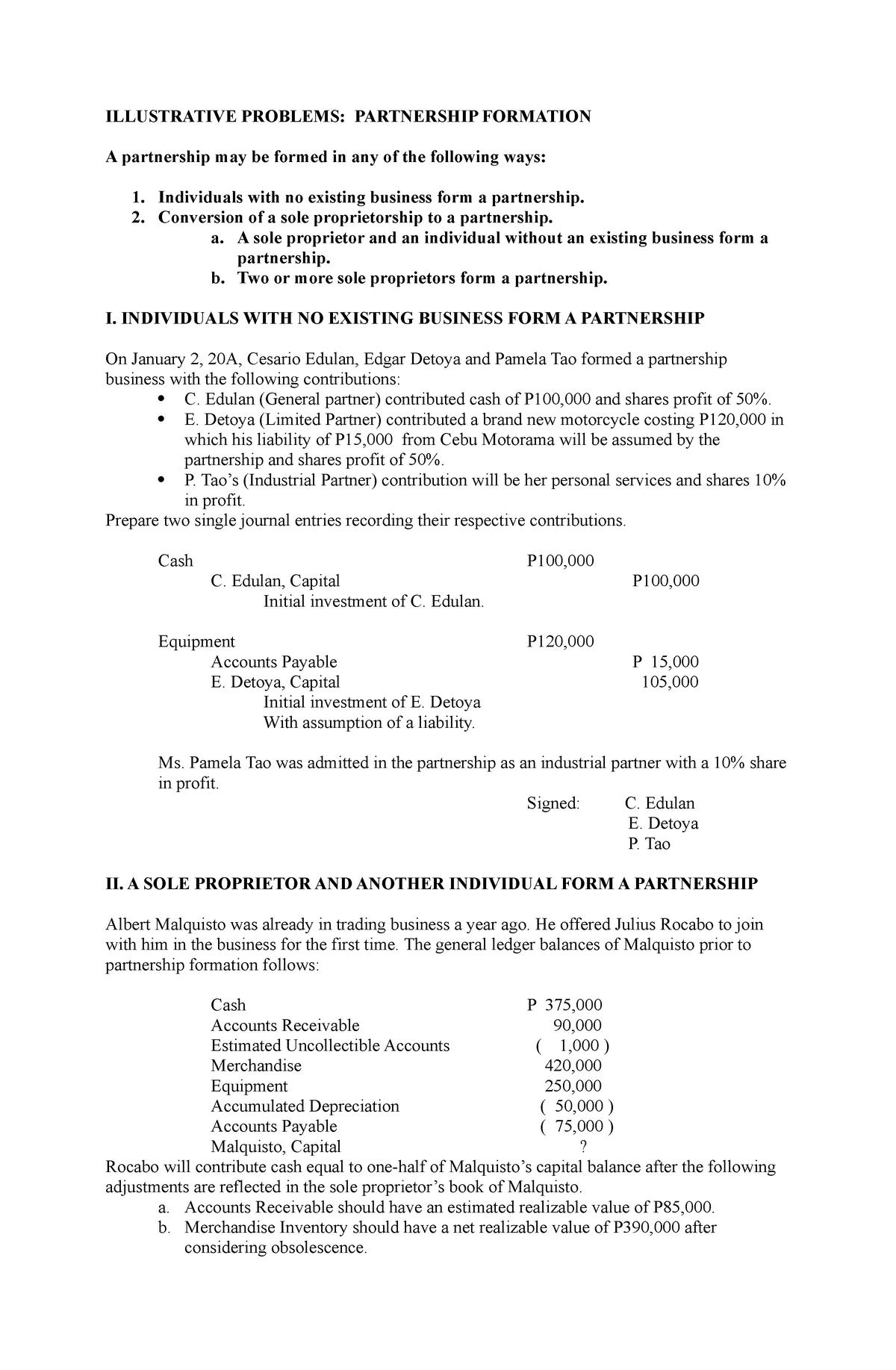 Illustrative Problems Formation Of A Partnership Studocu