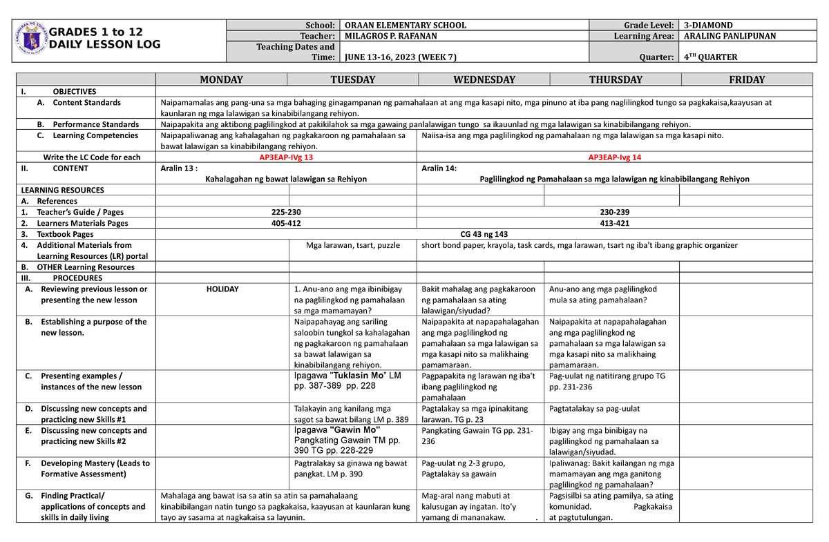 DLL Araling Panlipunan 3 Q4 W7 - GRADES 1 To 12 DAILY LESSON LOG School ...