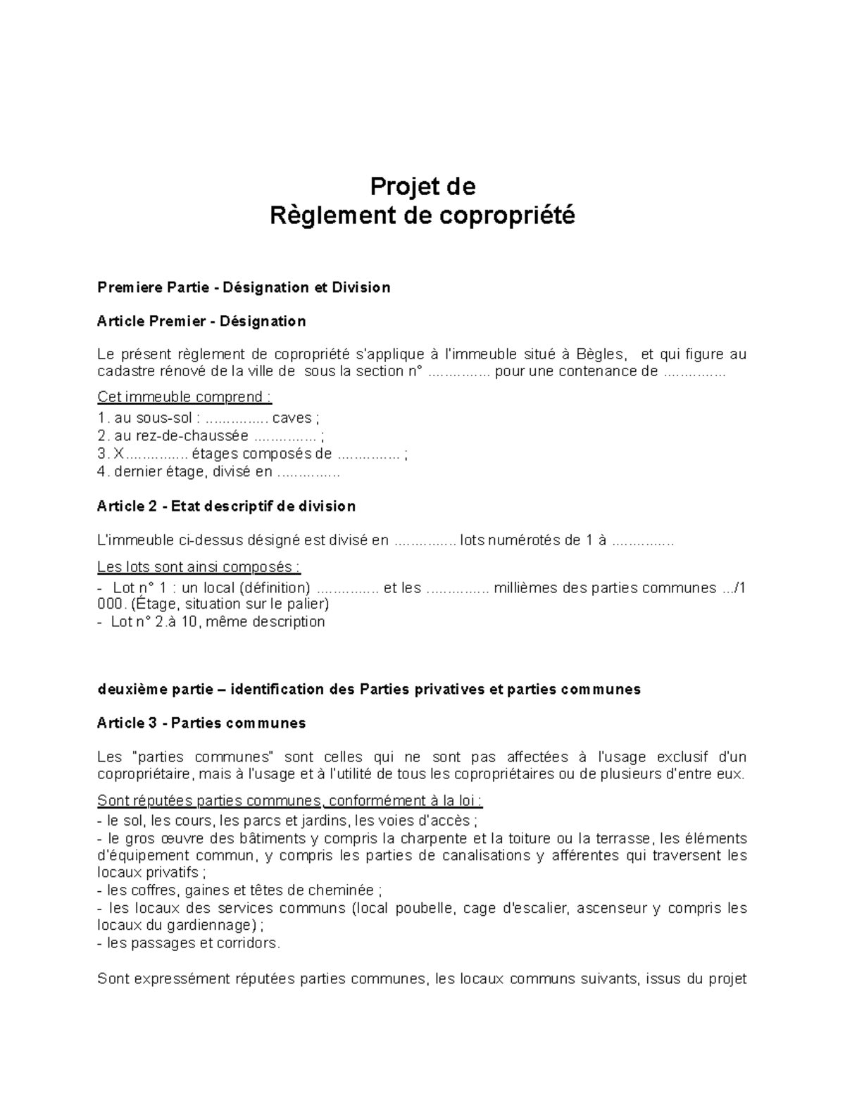 Projet Reglt Copro Begles Projet De Règlement De Copropriété Premiere