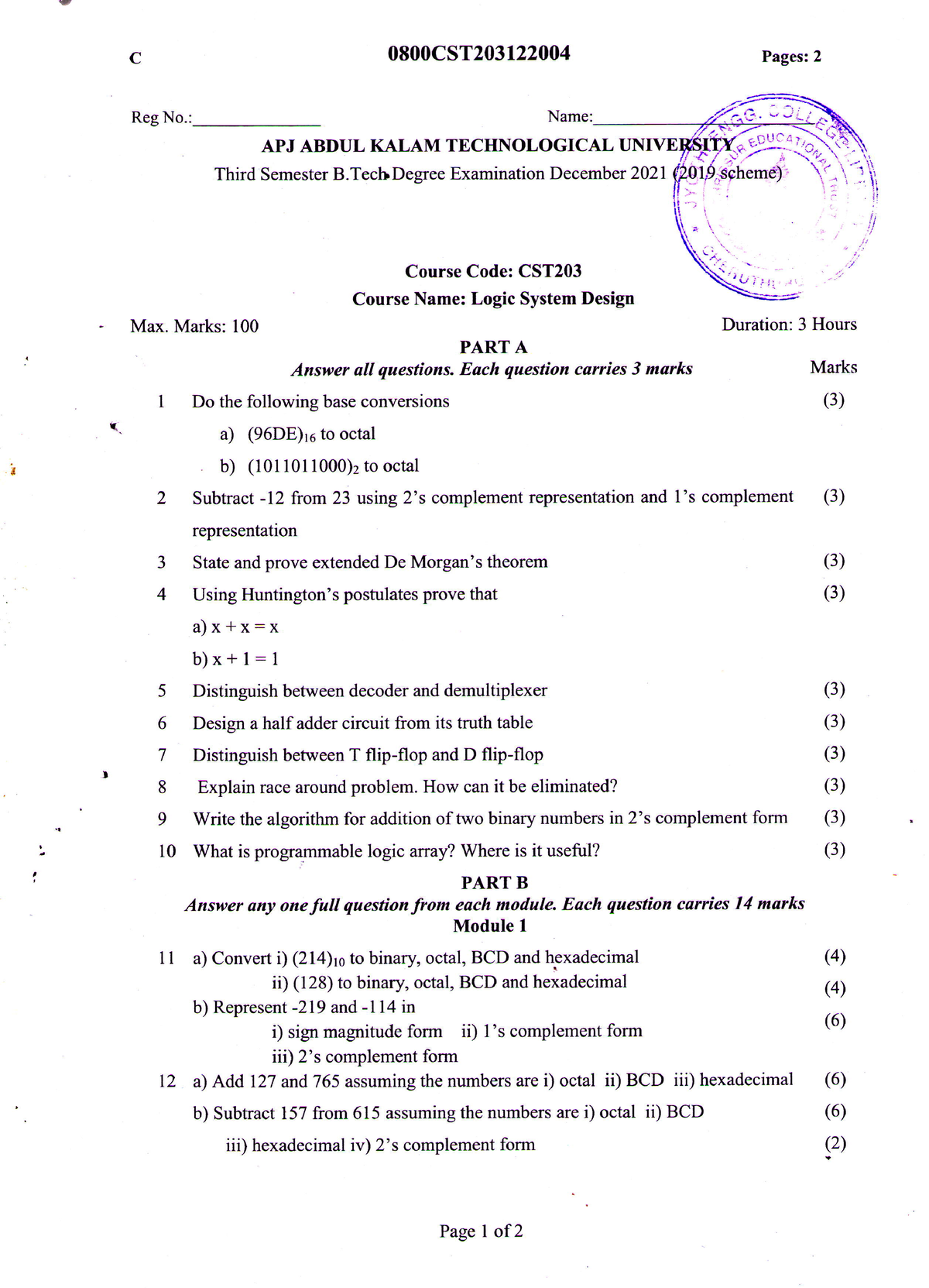 CST203 Logic System Design, December 2021 - C Reg No.: 0800csr APJ ...