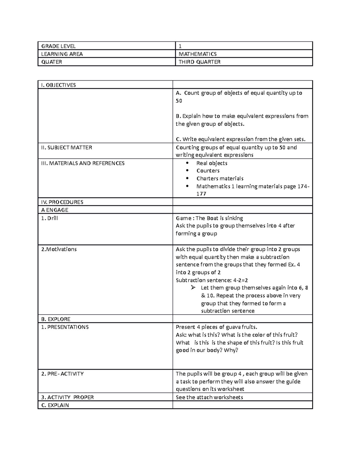 Dessa MATH LP - educational purposes only. - GRADE LEVEL 1 LEARNING ...