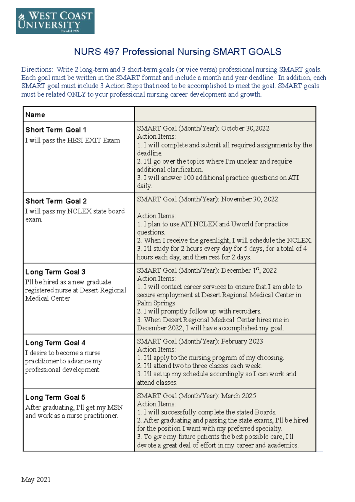 Spsmart Goals NURS 497 Professional Nursing SMART GOALS Directions   Thumb 1200 1698 