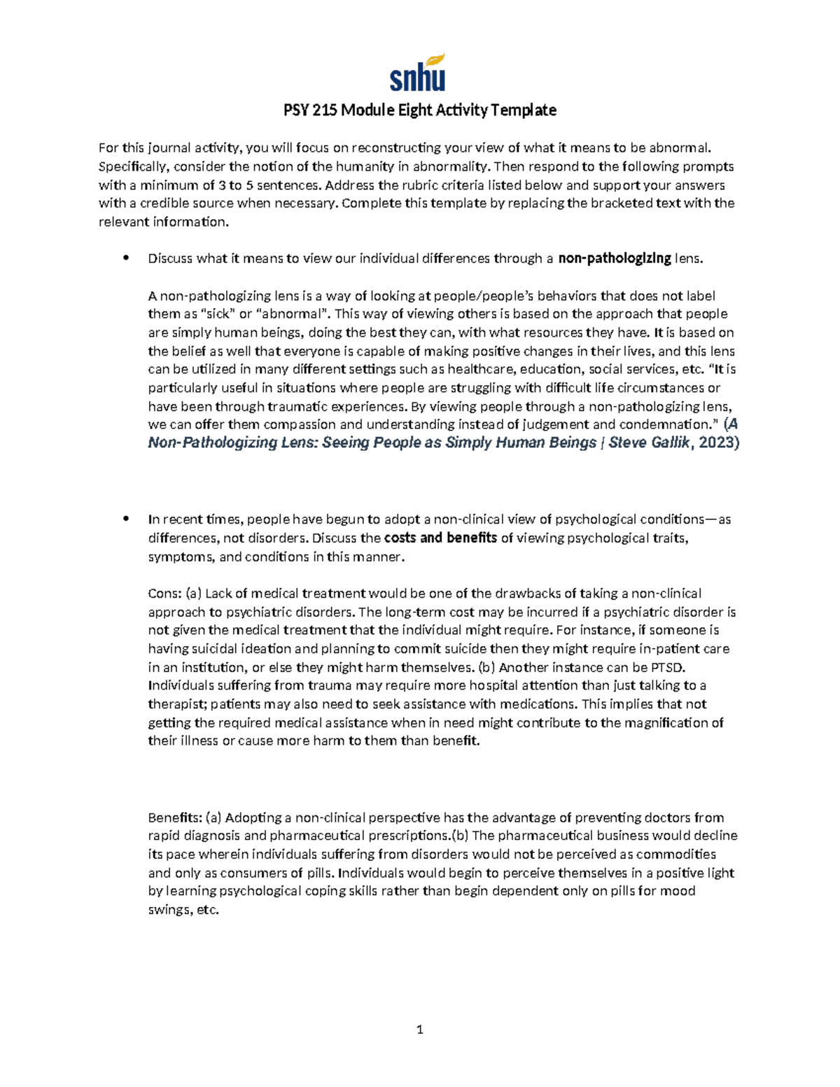 Psy 215 Module Eight Activity Template - Psy 215 Module Eight Activity 