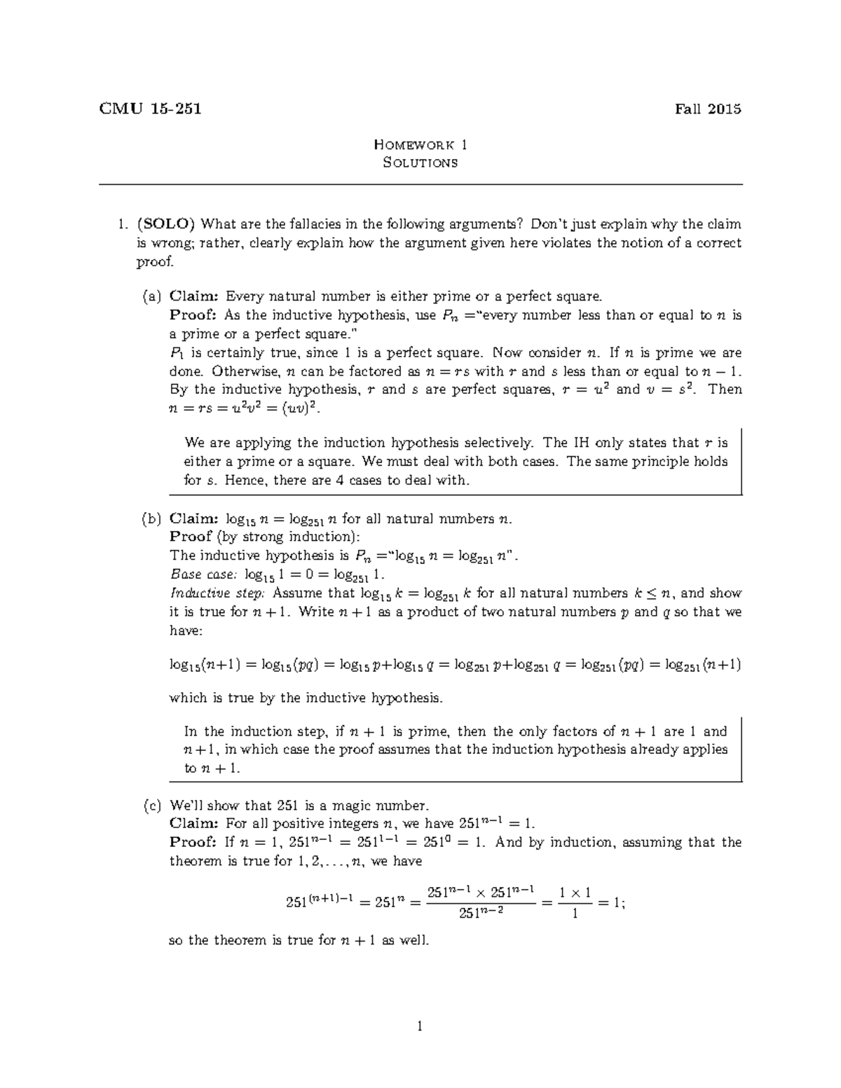 HW1sol - CMU 15-251 Fall 2015 Homework 1 Solutions (SOLO) What are the ...