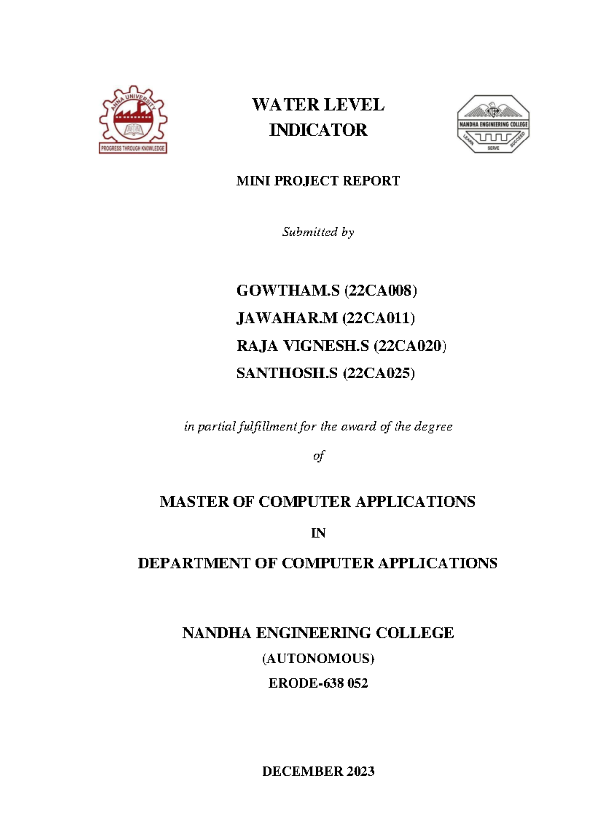 Mini Project sample copy WATER LEVEL INDICATOR MINI PROJECT REPORT