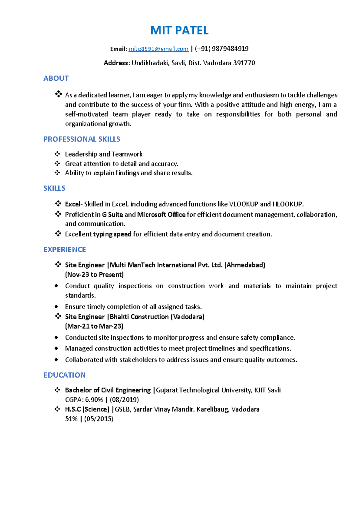 Mit Patel Resume 2024 - MIT PATEL Email: mitp8991@gmail | (+91 ...
