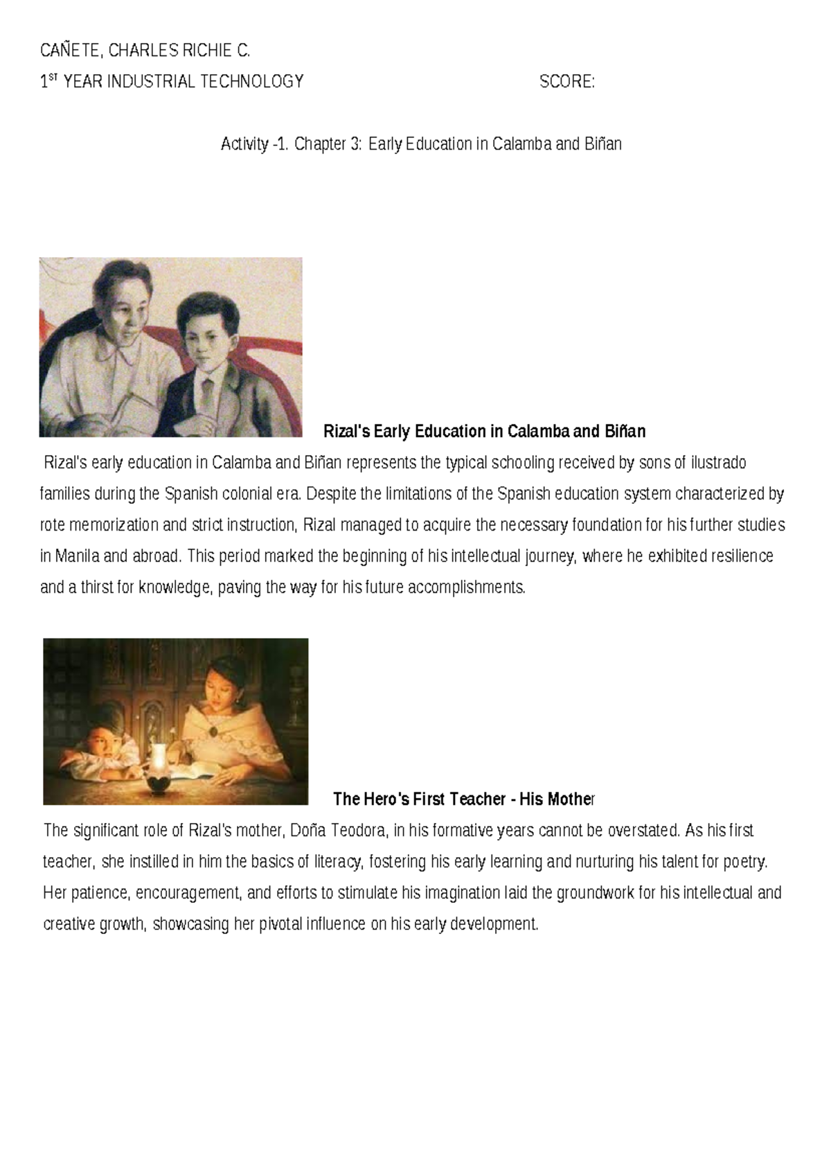 Cañete Activity-1 Chapter-3 Rizal - CAÑETE, CHARLES RICHIE C. 1 ST YEAR ...