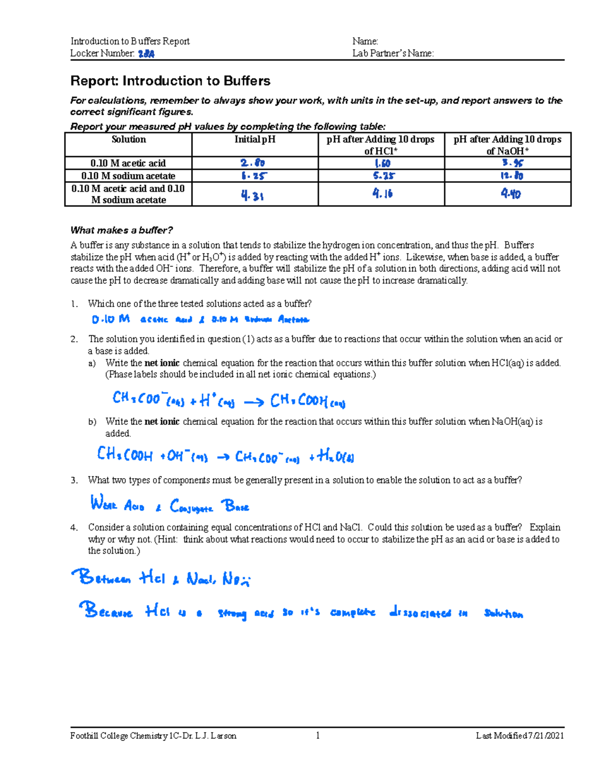 Introduction to Buffers Report Report your measured pH values by