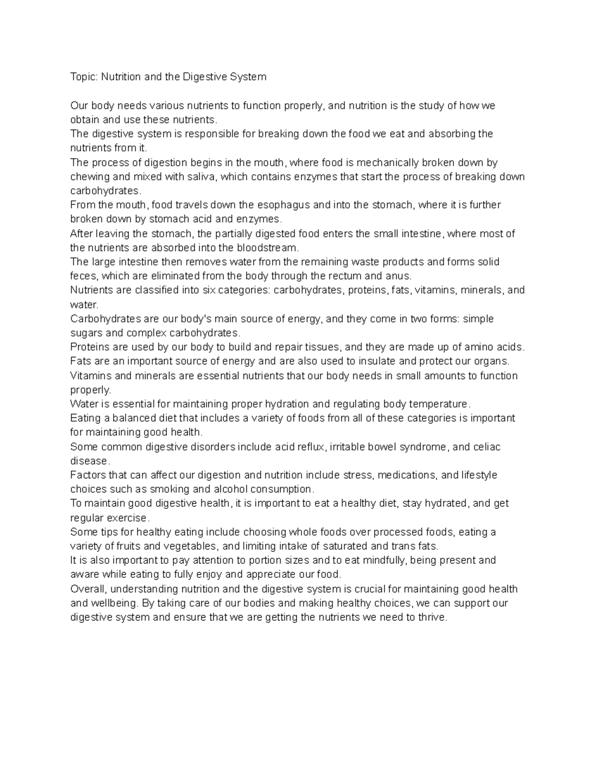 Topic Nutrition and the Digestive System - The digestive system is ...
