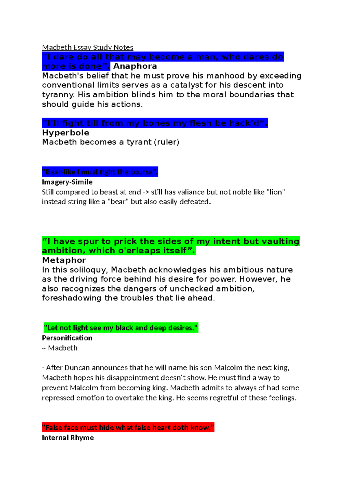 Macbeth Essay Study Notes & Quotes - Macbeth Essay Study Notes “I dare ...