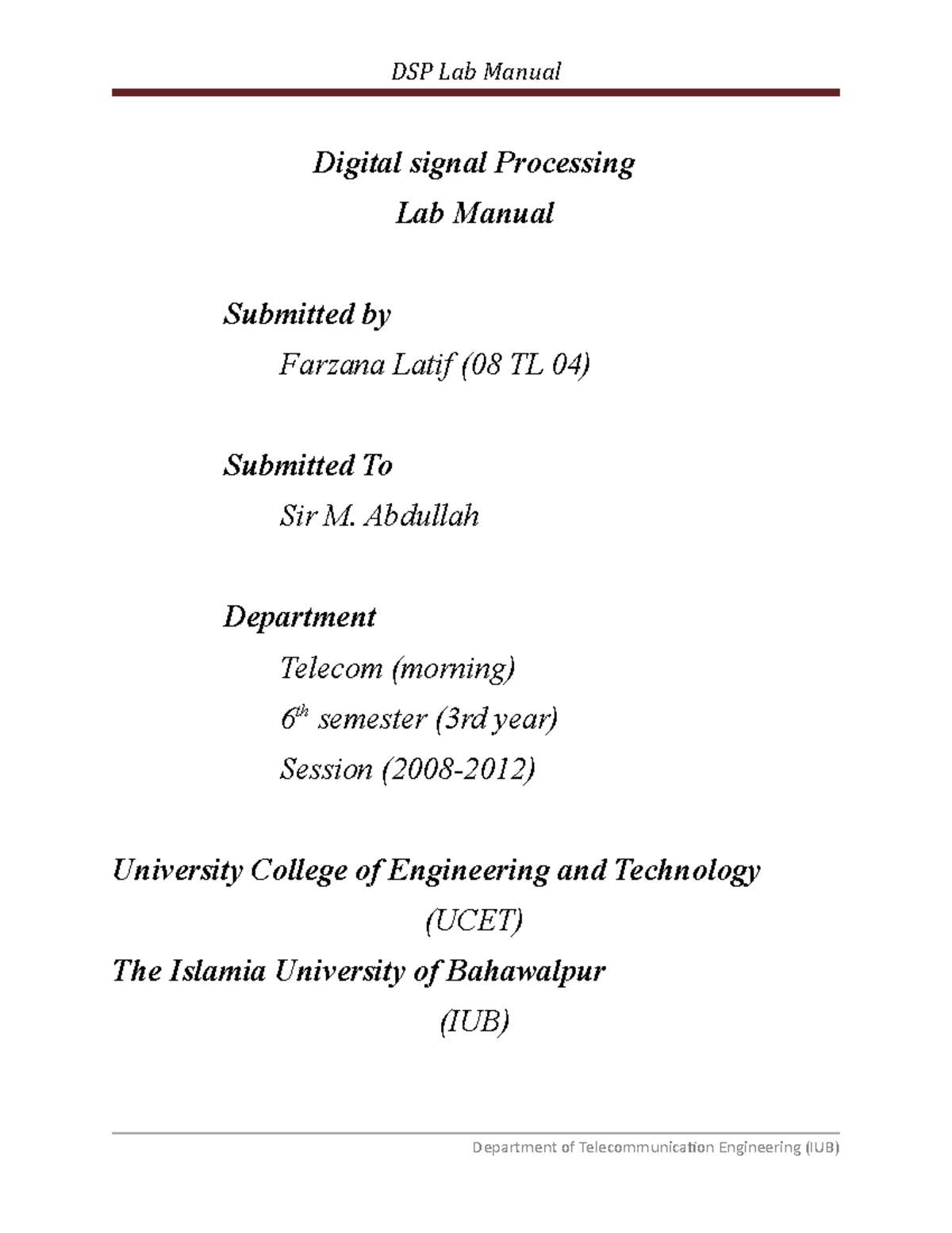 DSP Manual - Digital Signal Processing Lab Manual Submitted By Farzana ...