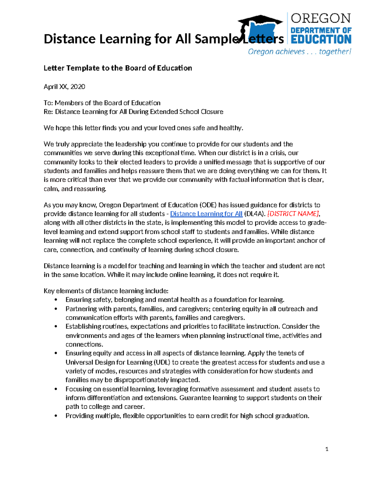 Distance Learning for All Sample Letters - Letter Template to the Board ...