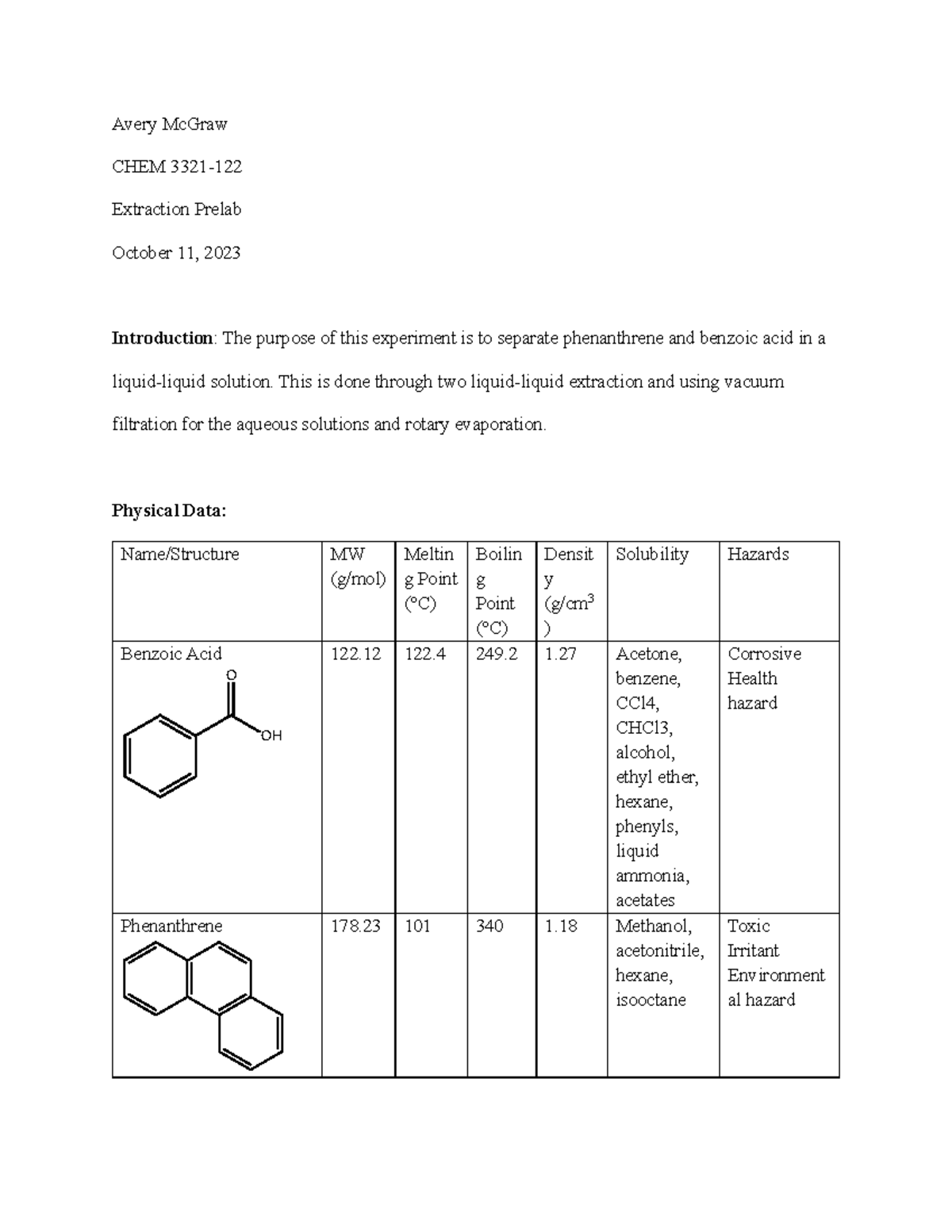 Extraction Prelab Avery McGraw CHEM 3321 122 Extraction Prelab