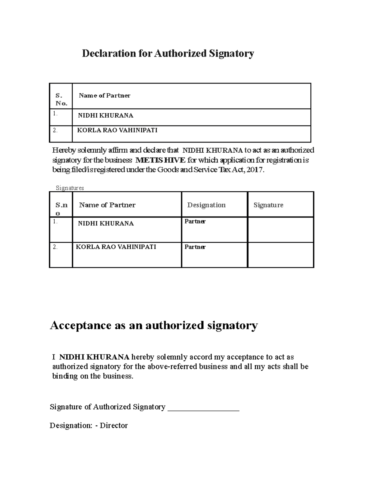 Declaration for Authorized Signatory Metis HIVE Declaration for