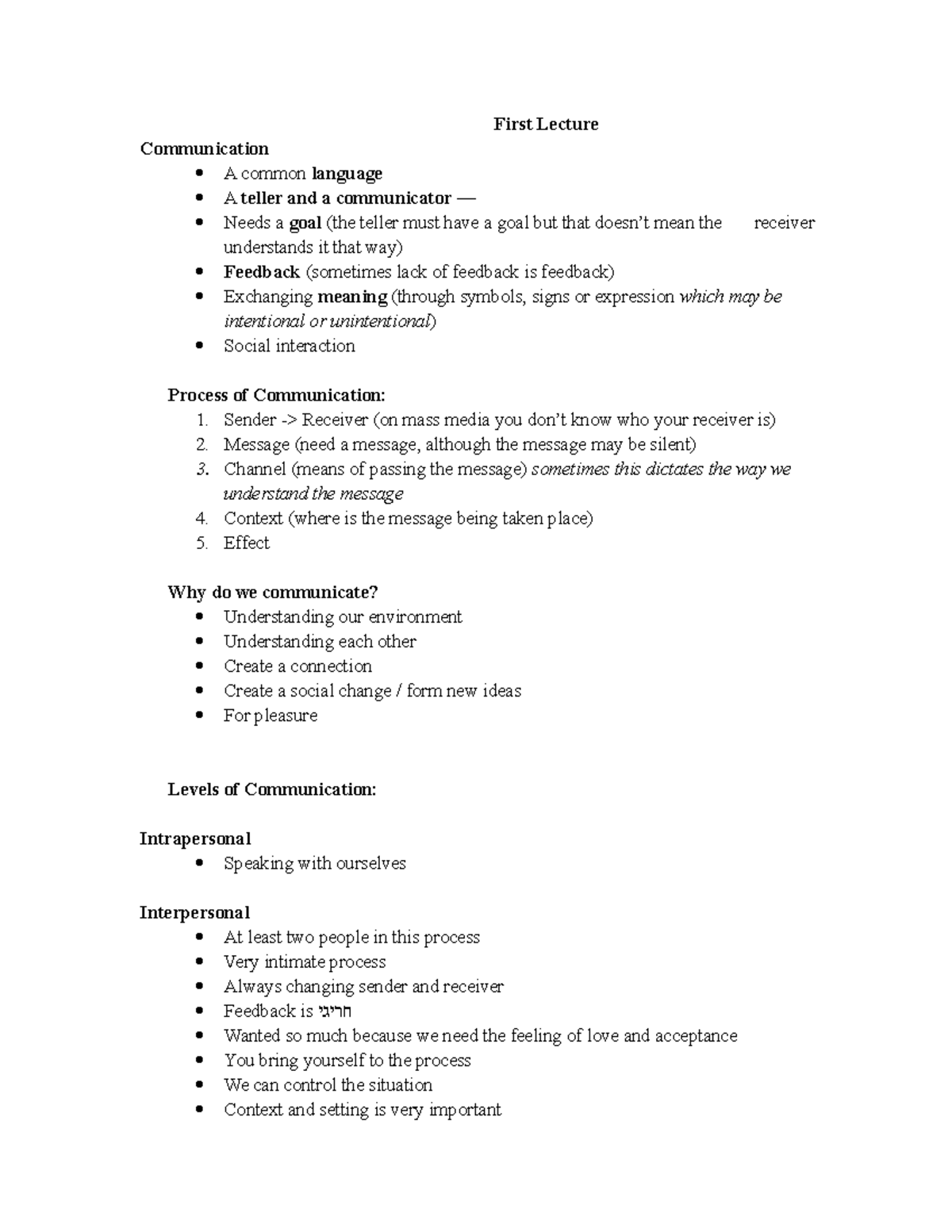 Intro to Comm 1st Semester Notes - First Lecture Communication A common ...