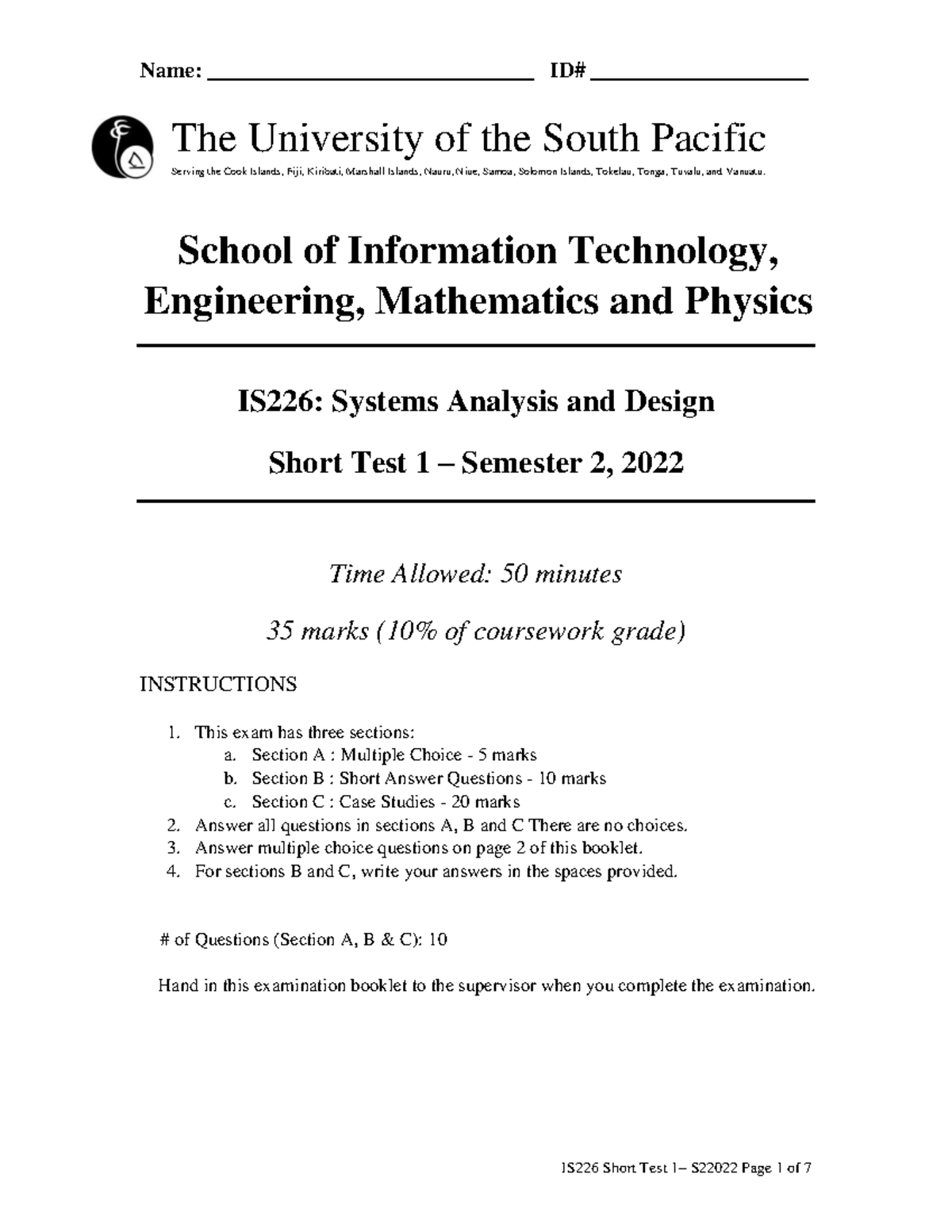 IS226 - Short Test 1 S22022 - Solutions - The University Of The South ...