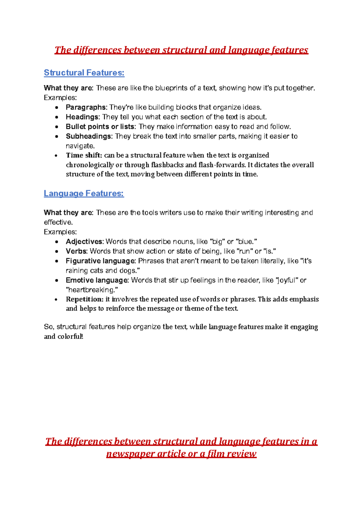 The differences between structural and language features in a - The ...