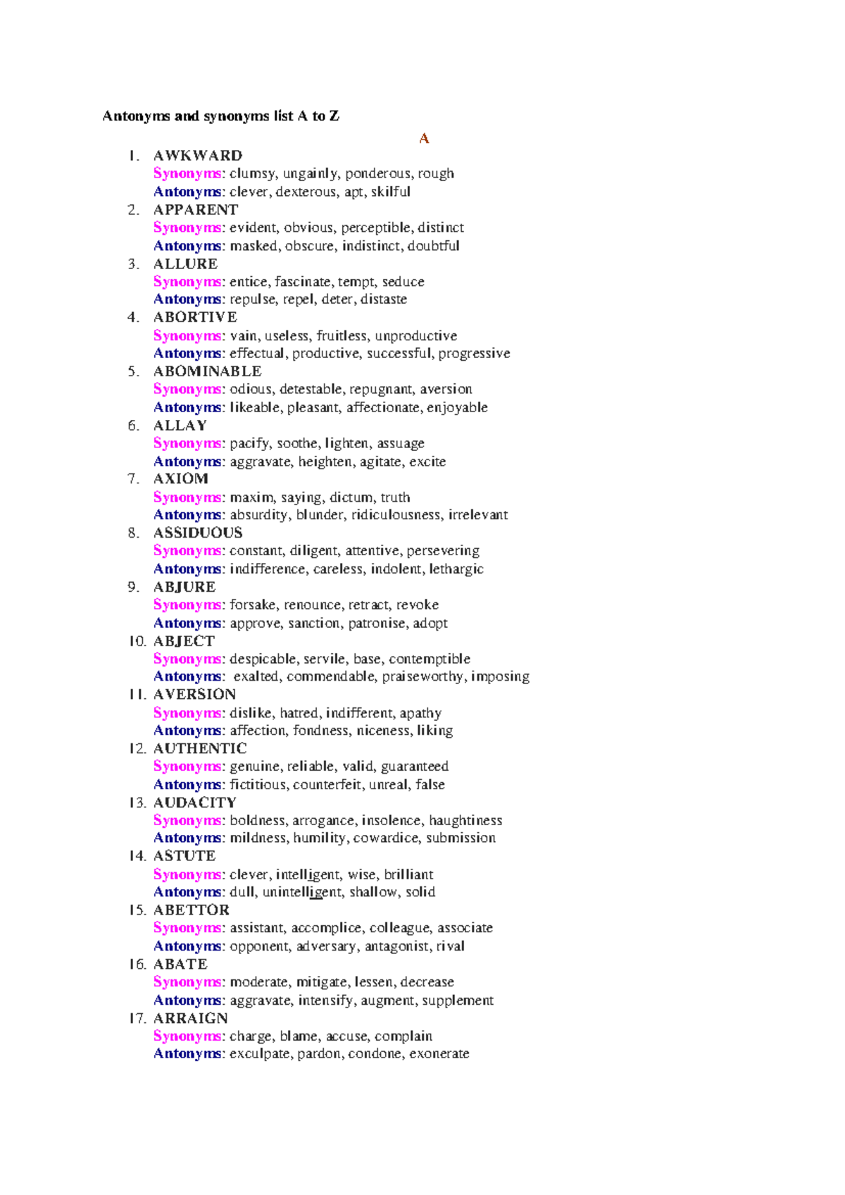 Antonyms and synonyms list A to Z Antonyms and synonyms list A to Z A