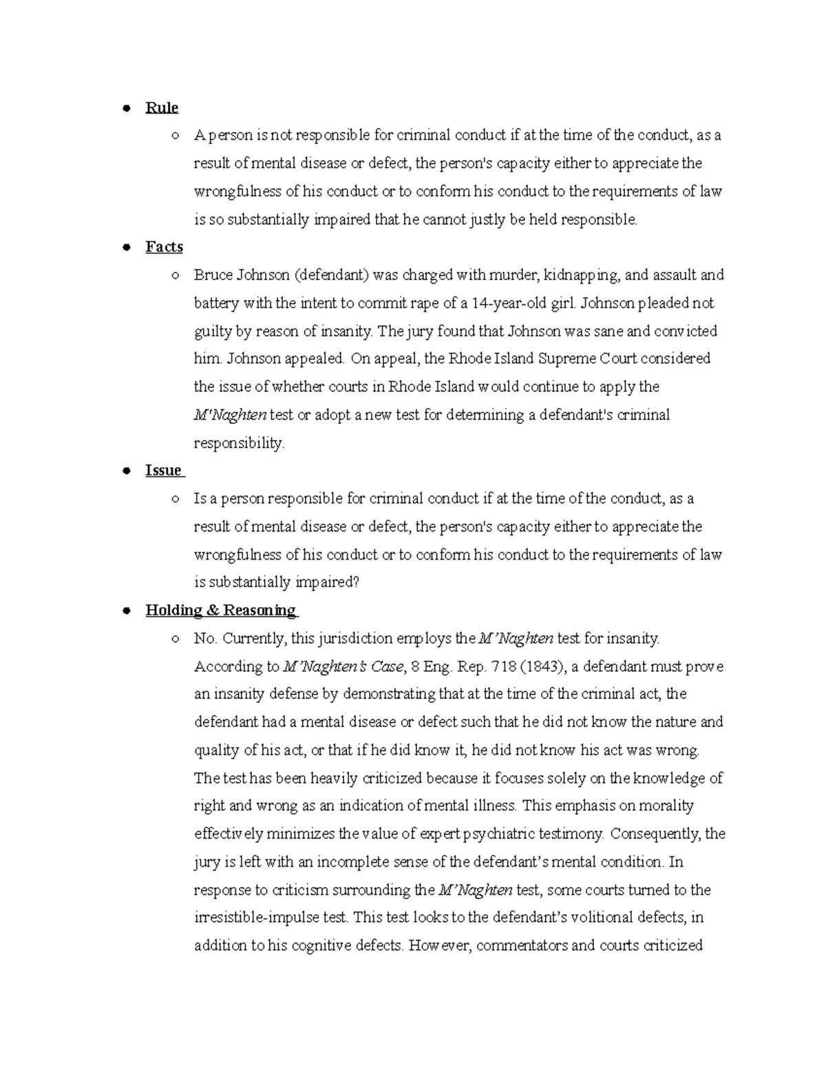Criminal Law 2022- State v. Johnson - Rule A person is not responsible ...