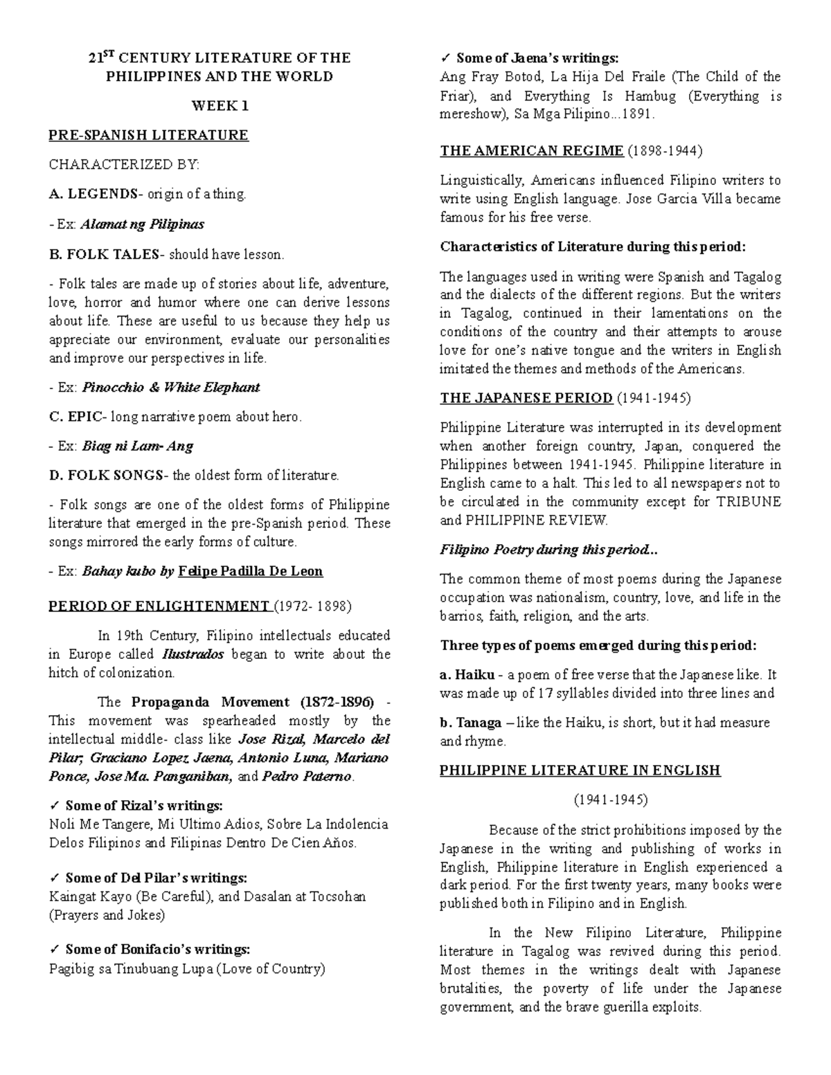 Reviewer IN 21ST Century 21 ST CENTURY LITERATURE OF THE PHILIPPINES