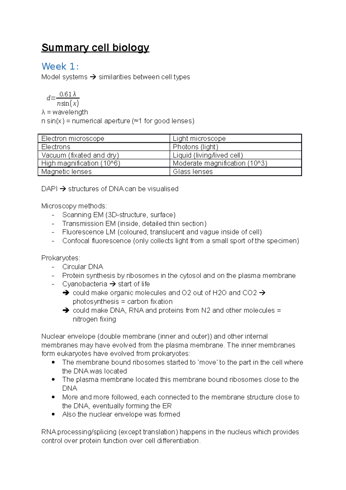 Summary Cell Biology - Summary Cell Biology Week 1: Model Systems ...