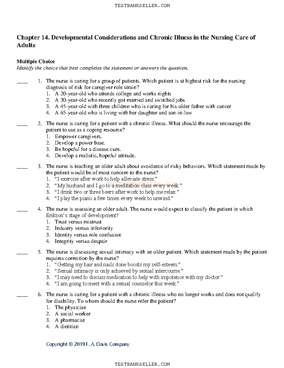 Ch14 - Practice Questions - TESTBANKSELLER Copyright © 2019 F. A. Davis ...