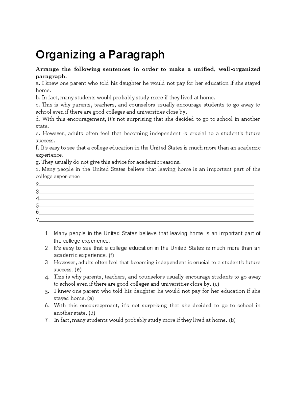 Organizing a paragraph Mosaic 1 - Organizing a Paragraph Arrange the ...