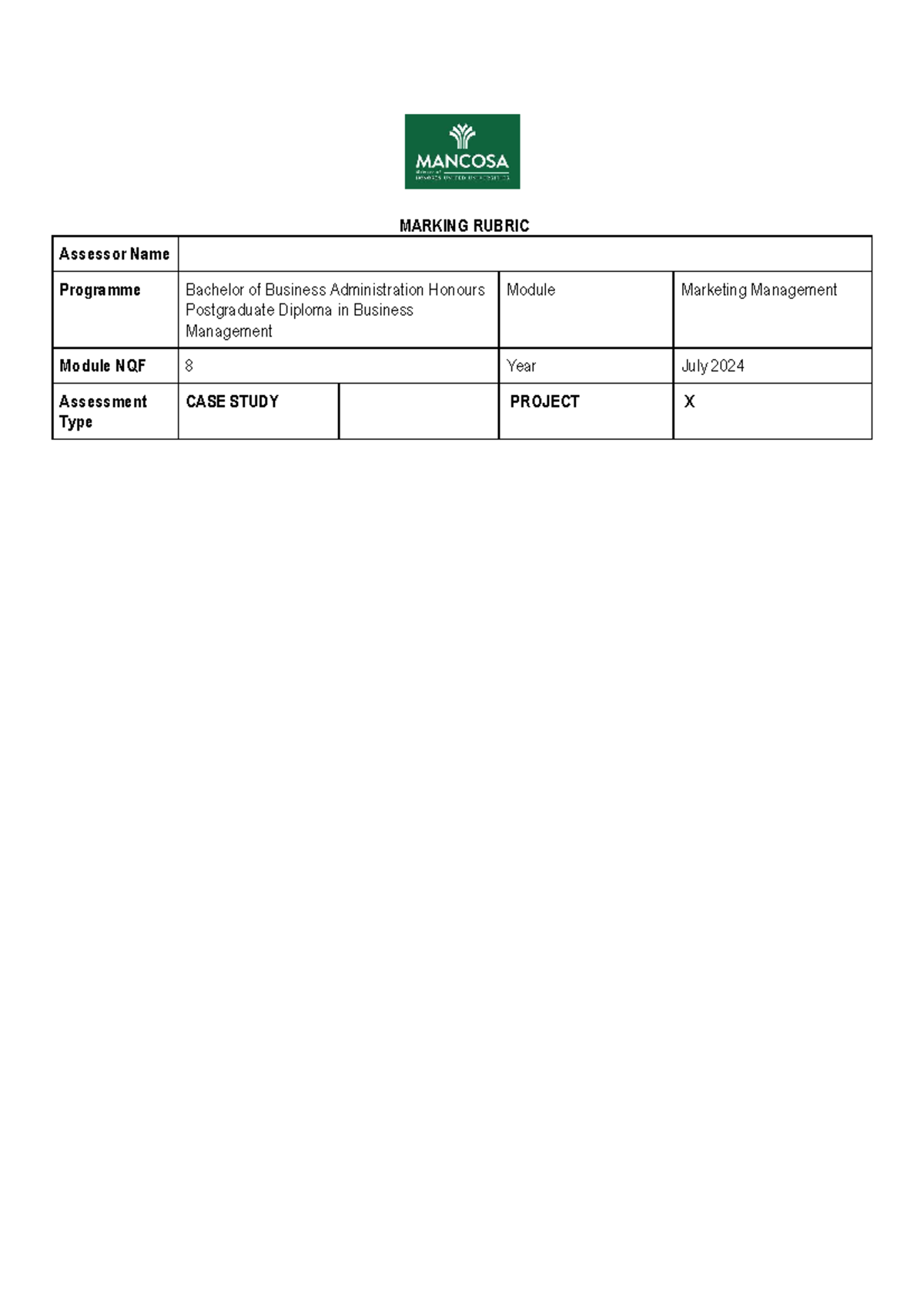Marketing 2 Rubric - Got - MARKING RUBRIC Assessor Name Programme ...