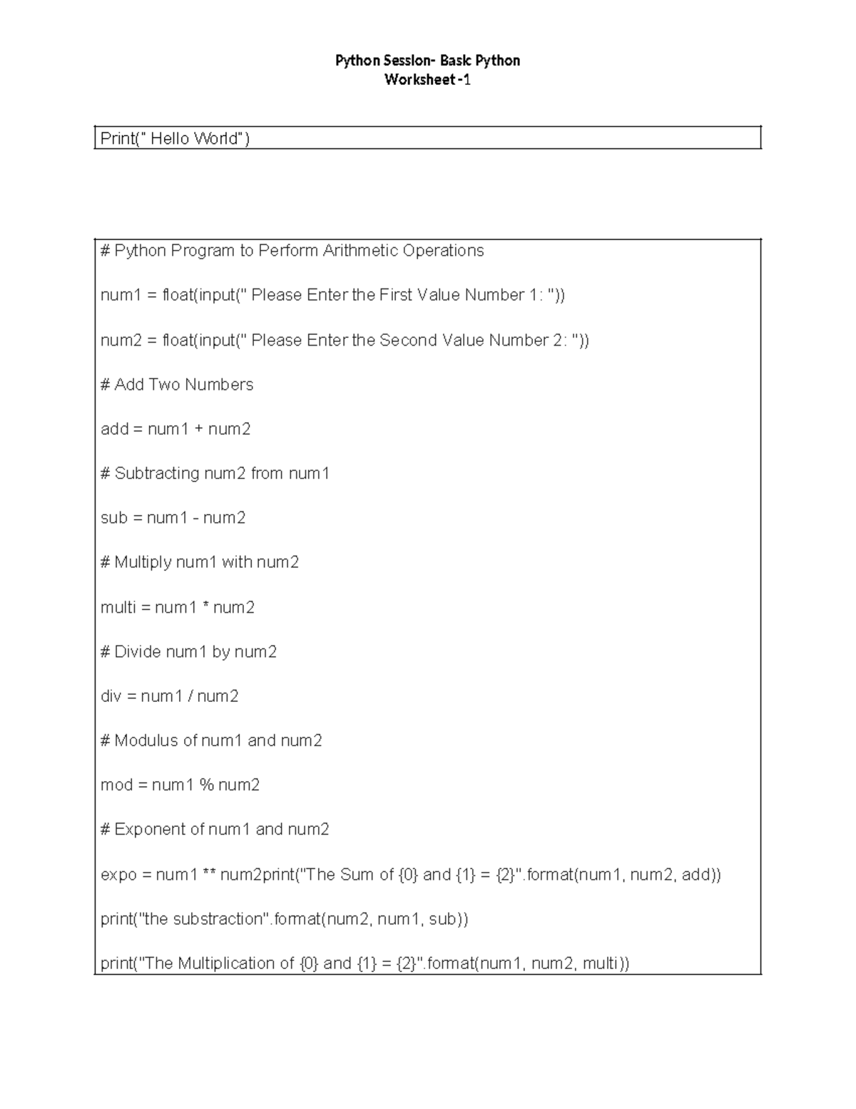 Python worksheet 1 - Worksheet - Print(“ Hello World”) Python Program ...