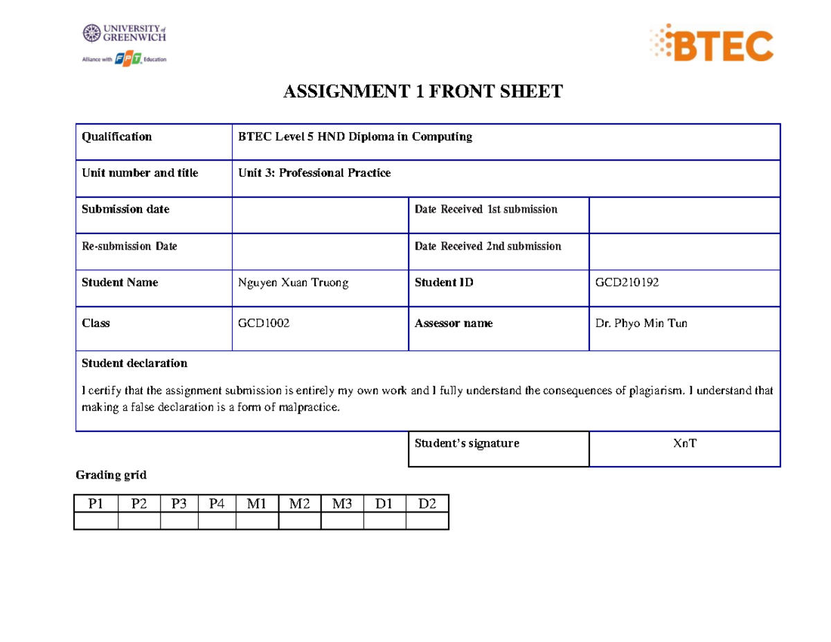 Professional Practice asm2 - ASSIGNMENT 1 FRONT SHEET Qualification ...