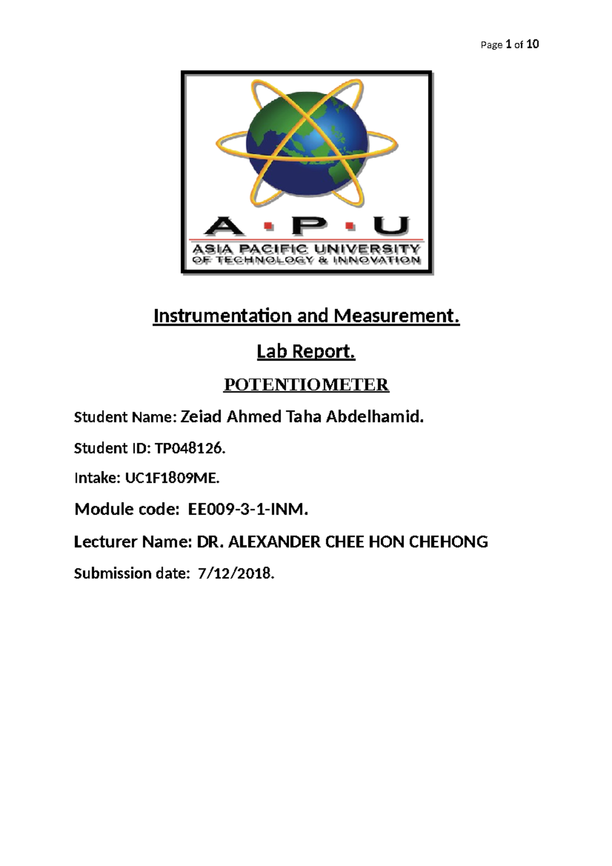 Lab Report 1 Instrumentation and Measurement. Lab Report