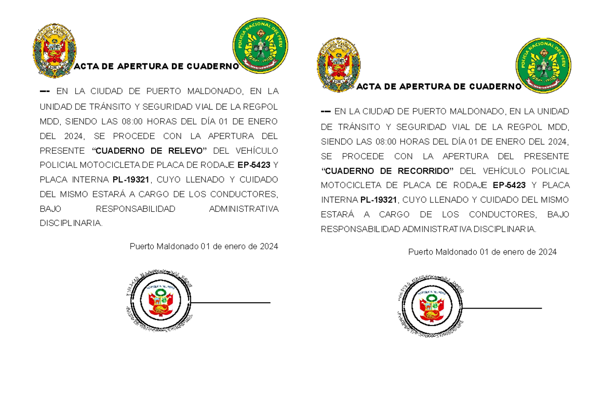 ACTA DE Apertura DE Cuaderno PL-19321 - ACTA DE APERTURA DE CUADERNO