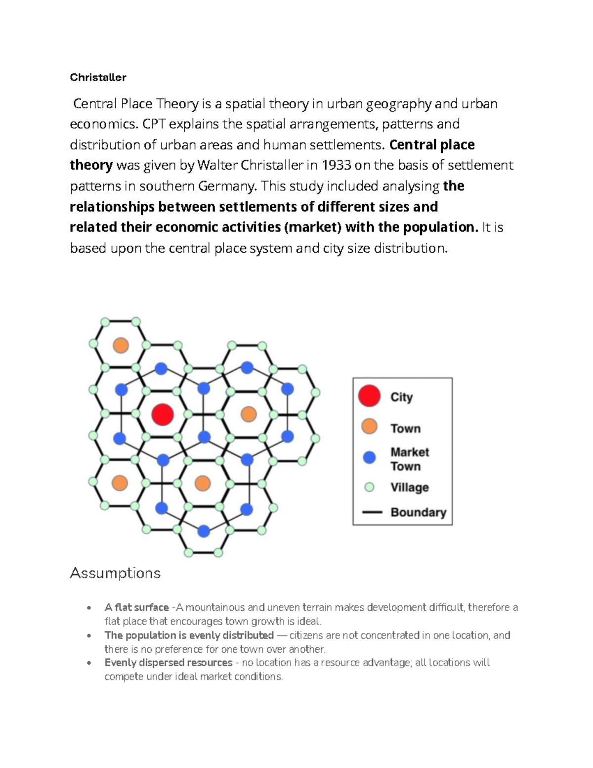 Document (17) - Notes - Christaller Central Place Theory is a spatial ...