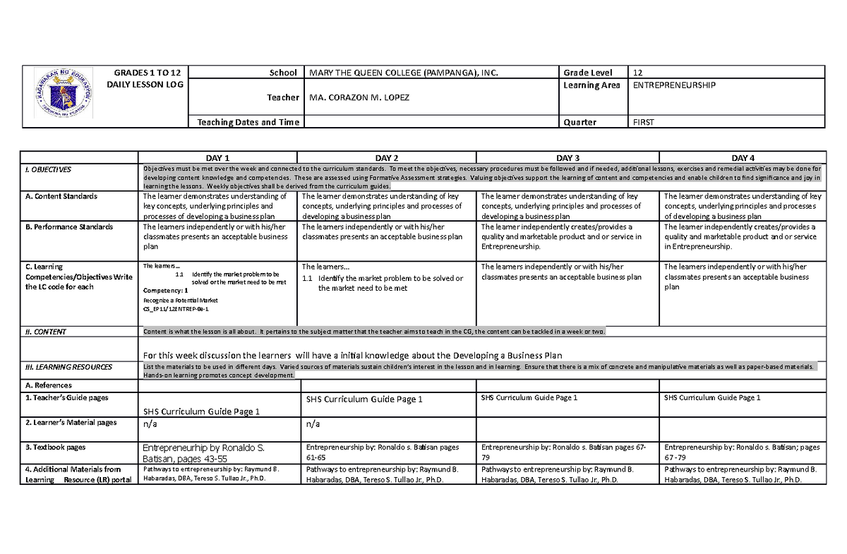 Week 5-6 Applied Entrepreneurship - GRADES 1 TO 12 DAILY LESSON LOG ...