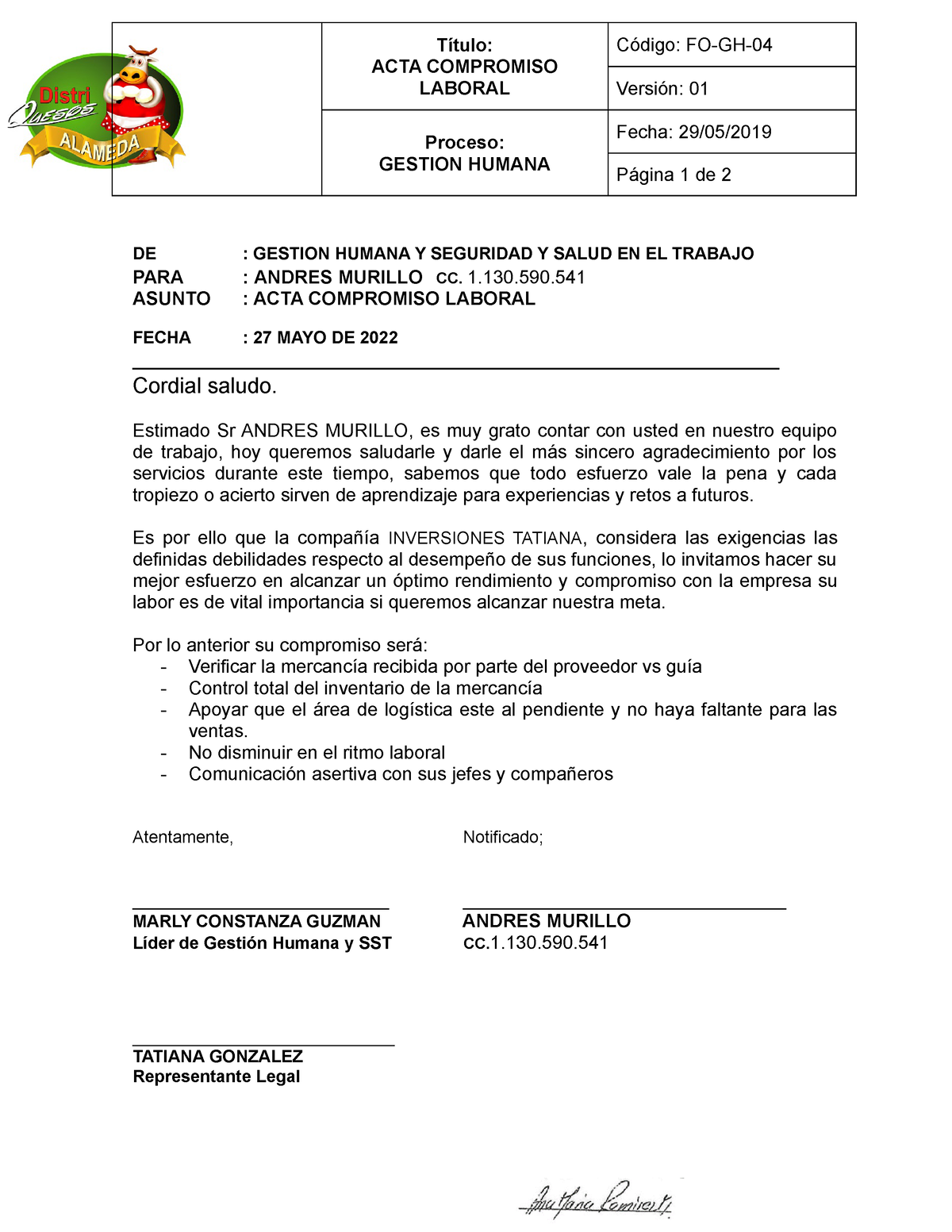 Fo Gh 05 Llamado De Atencion Título Acta Compromiso Laboral Código