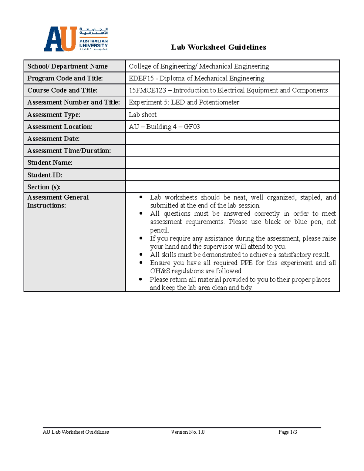 Exp.5 LED and Potentiometer AU Lab Worksheet Guidelines School