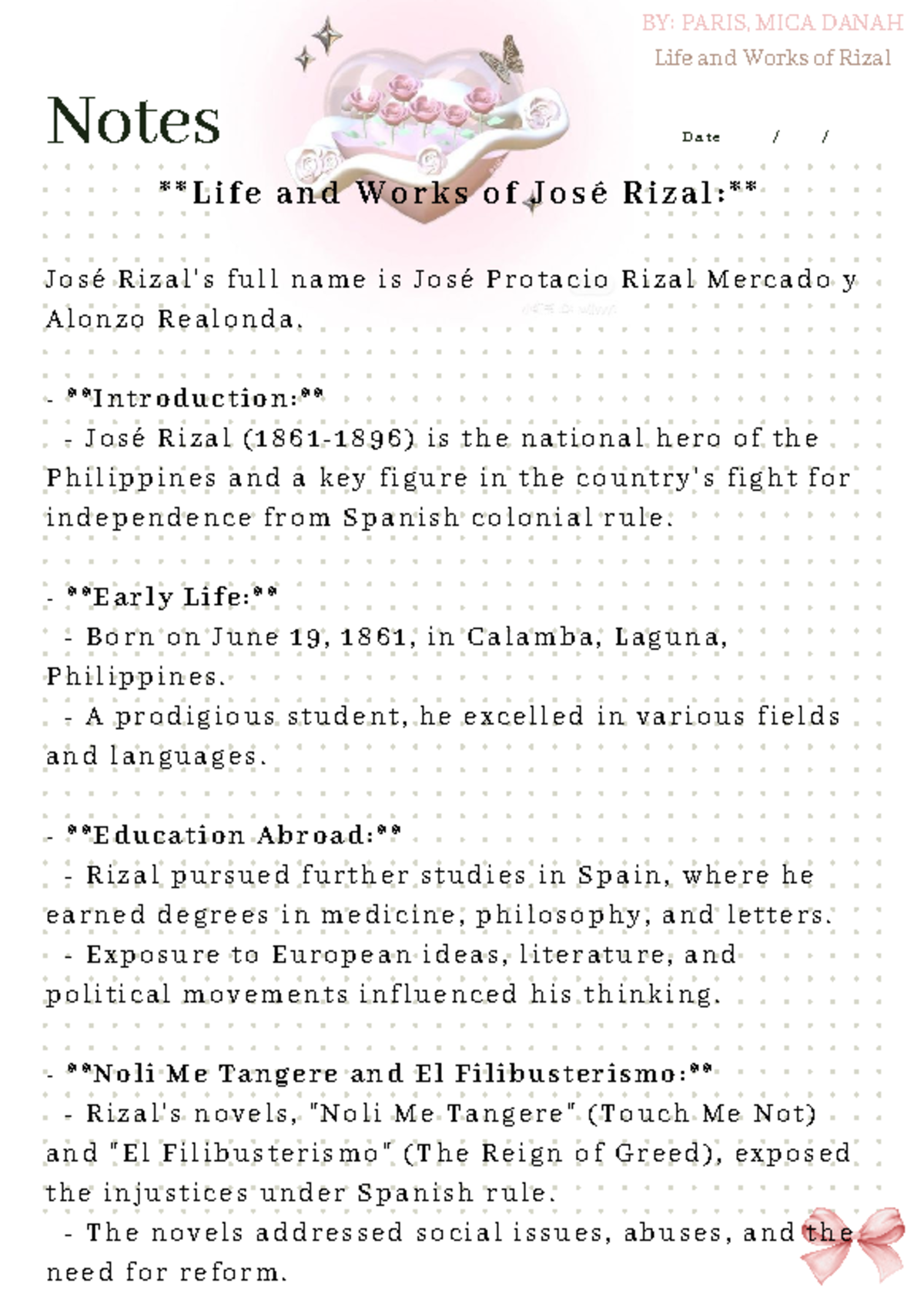 RIzal - Notes D a t e / / BY: PARIS, MICA DANAH Life and Works of Rizal ...